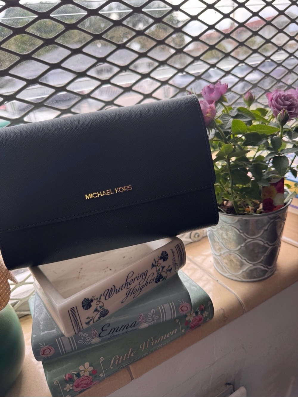Michael Kors Black Saffiano Crossbody Wallet with Gold Logo